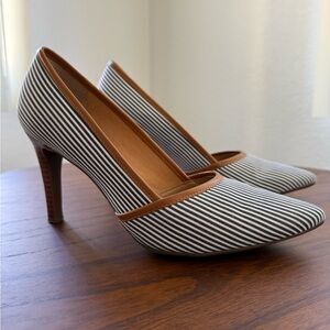 Franco Sarto Allair 2 Navy and White Striped Heels with Tan Accents Size 7M
